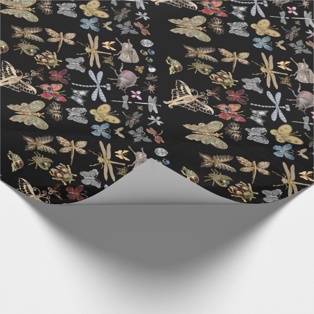 Elegant Chic Meadow Butterfly Insects Black Beetle Wrapping Paper (Corner)