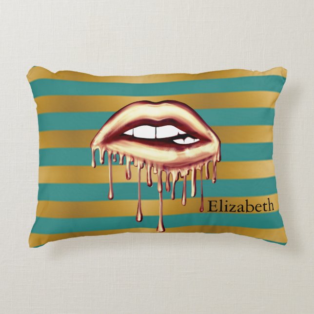 Elegant Chic Metallic Dripping Lips On Stripes Accent Pillow (Front)
