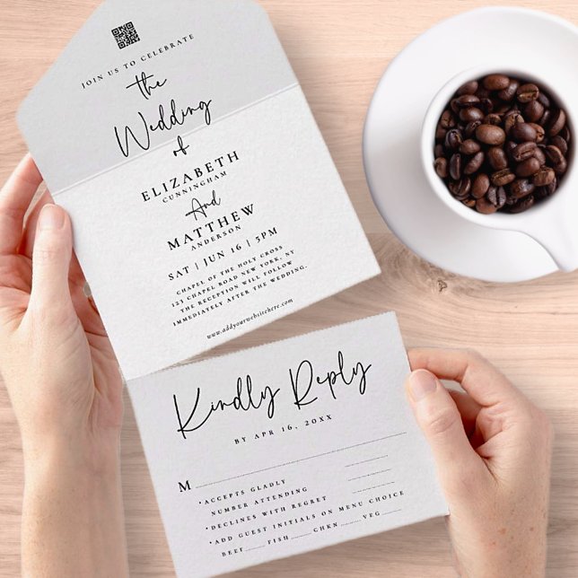 Elegant Chic Modern Simple QR Meal Option Wedding All In One Invitation (Creator Uploaded)