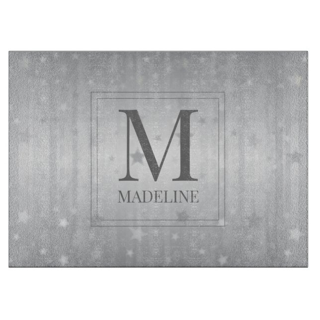 Elegant Chic Modern White Grey Silver Stars Cutting Board (Front)
