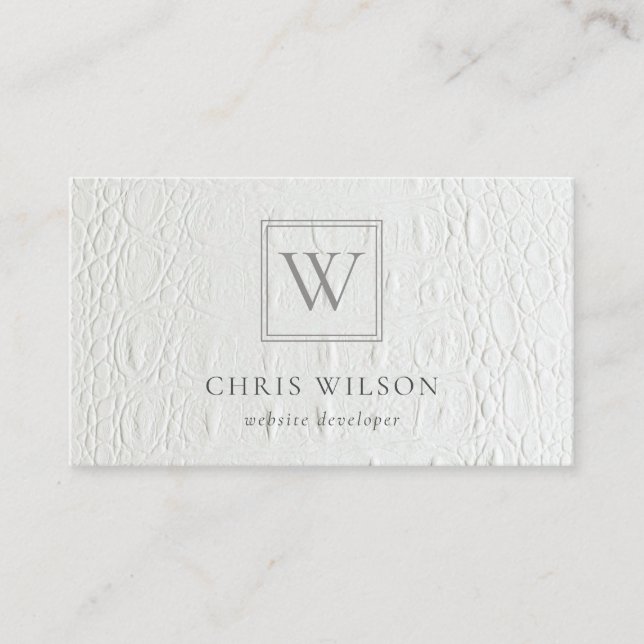 Elegant Chic Monogram Ivory White Leather Texture Business Card (Front)