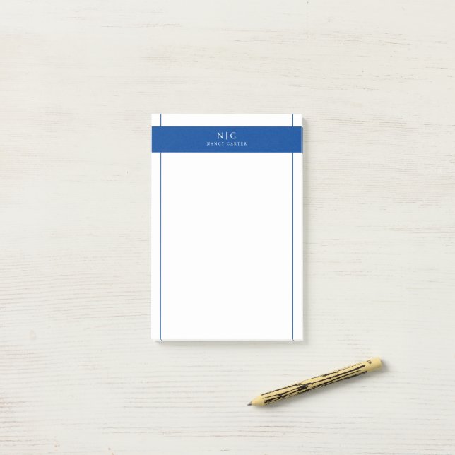 Elegant Chic Monogram Navy Blue Geometric Border  Post-it Notes (On Desk)
