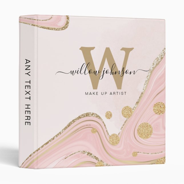 Elegant Chic Monogram Pink Gold Glitter Marble Binder (Front/Spine)