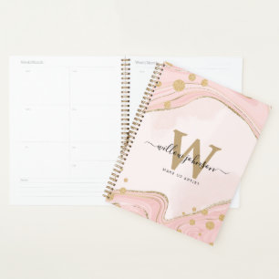 Elegant Chic Monogram Pink Gold Glitter Marble Planner