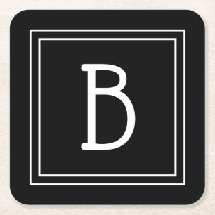 Elegant Chic Monogrammed Black & White Initial Square Paper Coaster