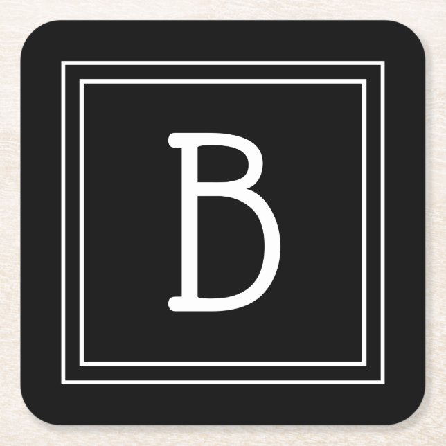Elegant Chic Monogrammed Black & White Initial Square Paper Coaster (Front)
