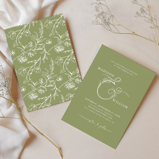 Elegant Chic Moss Green Floral Ampersand Wedding Invitation (Creator Uploaded)