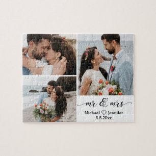 elegant chic mr & mrs wedding 3 photo collage  jig jigsaw puzzle
