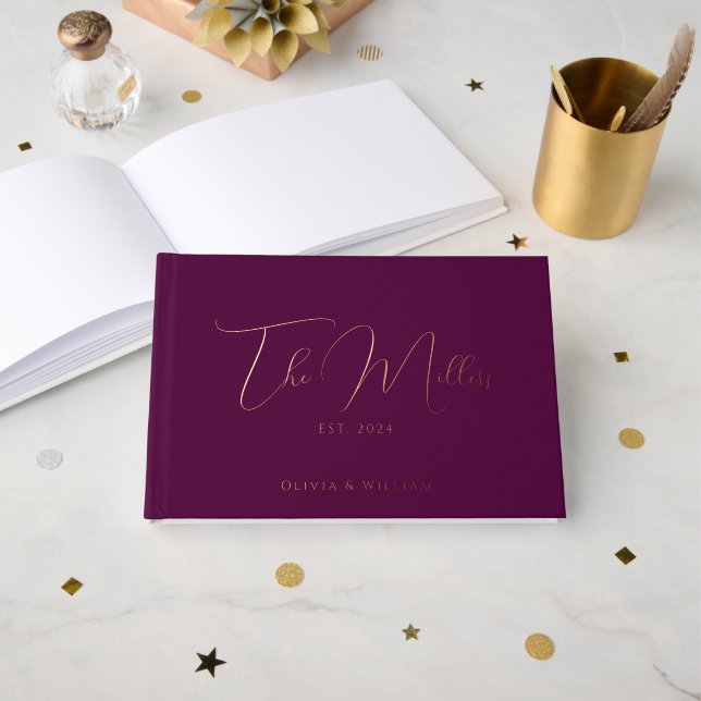 Elegant Chic Mulberry & Rose Gold Wedding Foil Guest Book (Front Open)