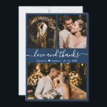 Elegant Chic Navy 3 Photo Collage Wedding Thank You Card<br><div class="desc">Modern, Elegant "Love and Thanks" Script Navy Wedding 3 Photo Collage Thank You Card. Stylish wedding thank you card template featuring (3) three photo on the front and (1) one photo on the back. With the text "Love and thanks" script in a cursive swirly hand lettered typography swash-tail font in...</div>