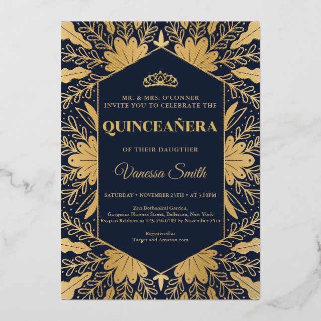 Elegant chic navy and real gold foil quinceanera (Front)