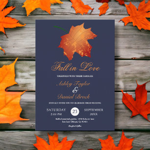 Elegant Chic Navy Blue Fall Leaves Floral Wedding Invitation