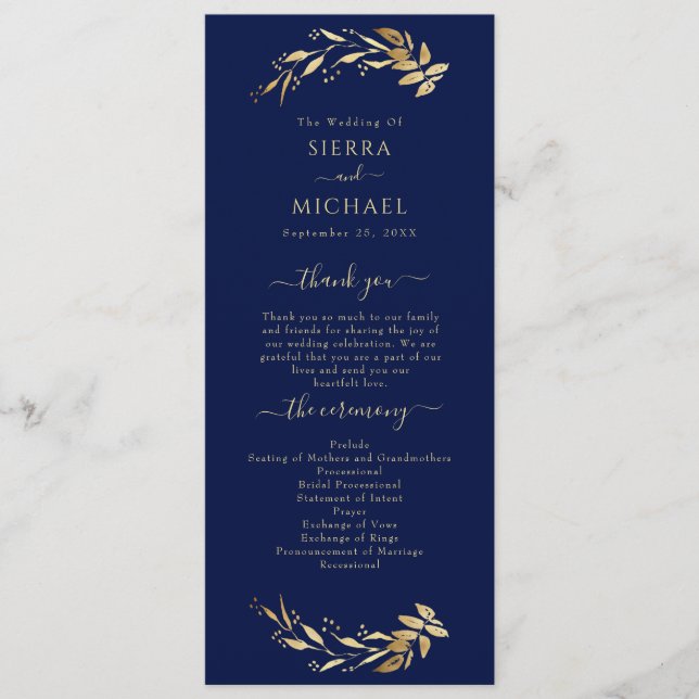 Elegant Chic Navy Blue Gold Foliage Wedding Program (Front)