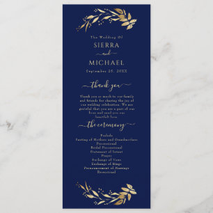 Elegant Chic Navy Blue Gold Foliage Wedding Program