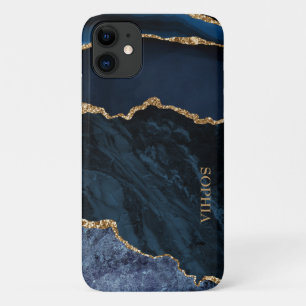 Elegant Chic Navy Blue Gold Marble Agate Custom iPhone 11 Case
