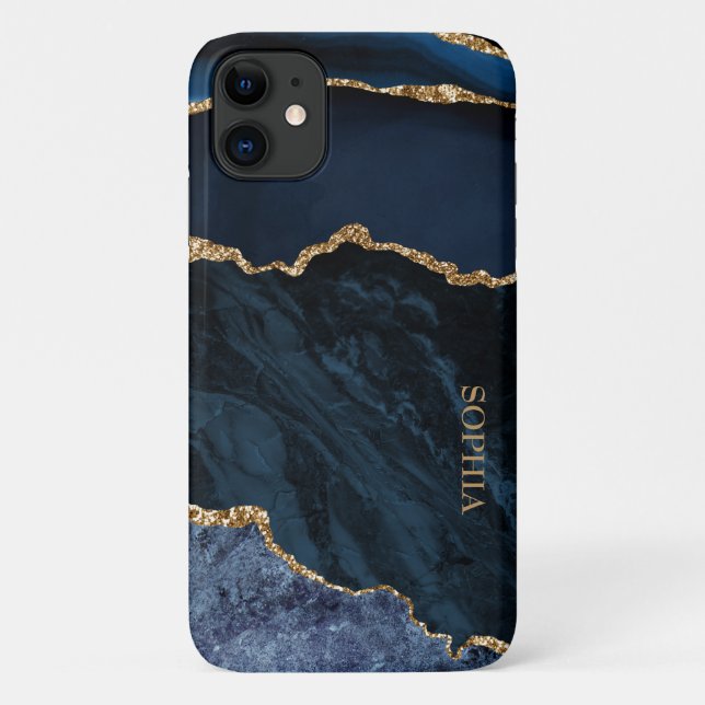 Elegant Chic Navy Blue Gold Marble Agate Custom Case-Mate iPhone Case (Back)