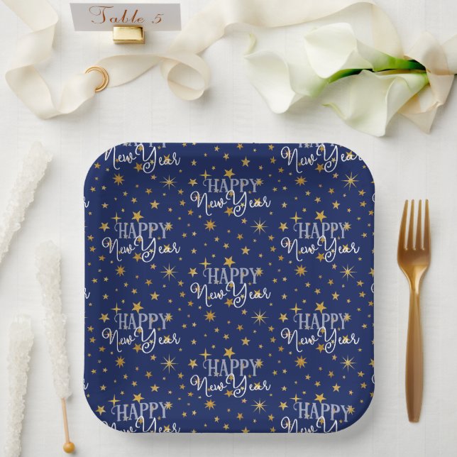 Elegant Chic Navy Blue & Gold Stars Happy New Year Paper Plate (Wedding)