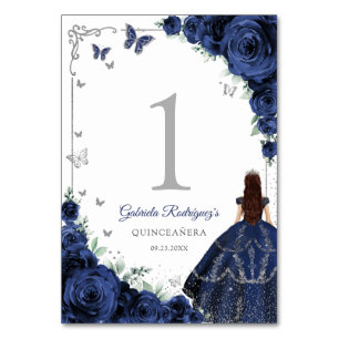 Elegant Chic Navy Blue Roses Silver Quinceanera Table Number