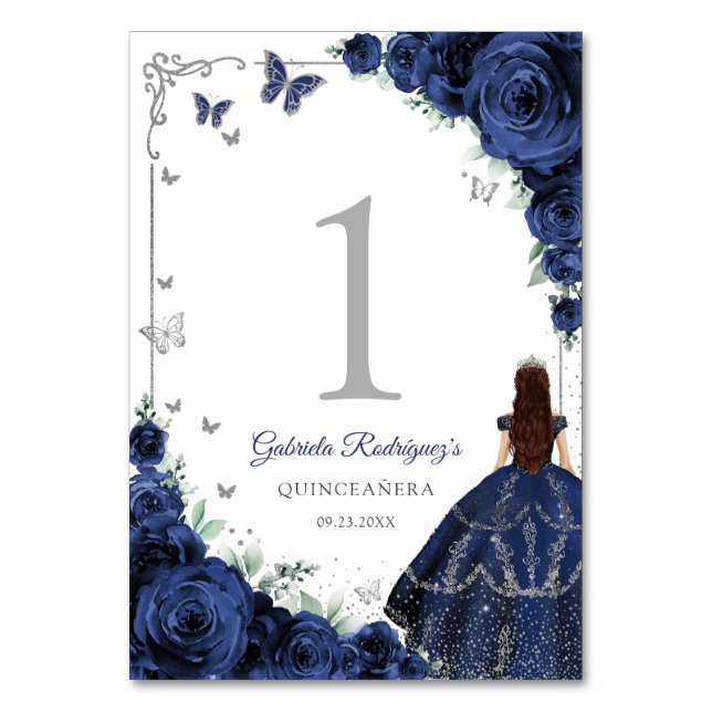 Elegant Chic Navy Blue Roses Silver Quinceanera Table Number (Front)