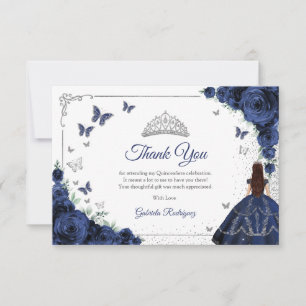 Elegant Chic Navy Blue Roses Silver Quinceanera Thank You Card