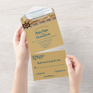 Elegant Chic Navy Coastal Seaside Modern Wedding All In One Invitation