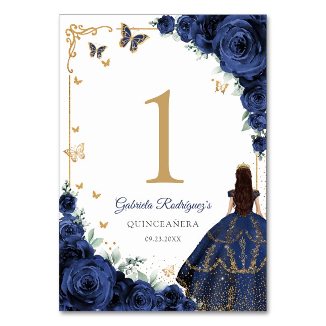 Elegant Chic Navy Roses Gold Quinceanera Table Number (Front)