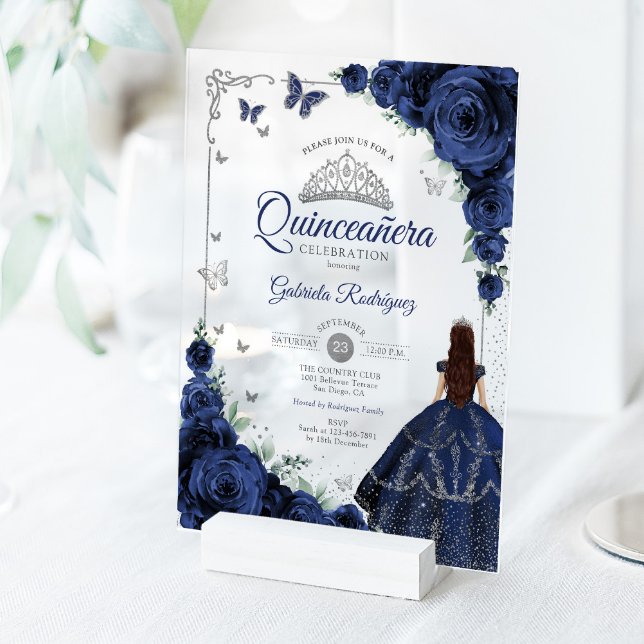 Elegant Chic Navy Roses Silver Quinceanera  Acrylic Invitations (Creator Uploaded)