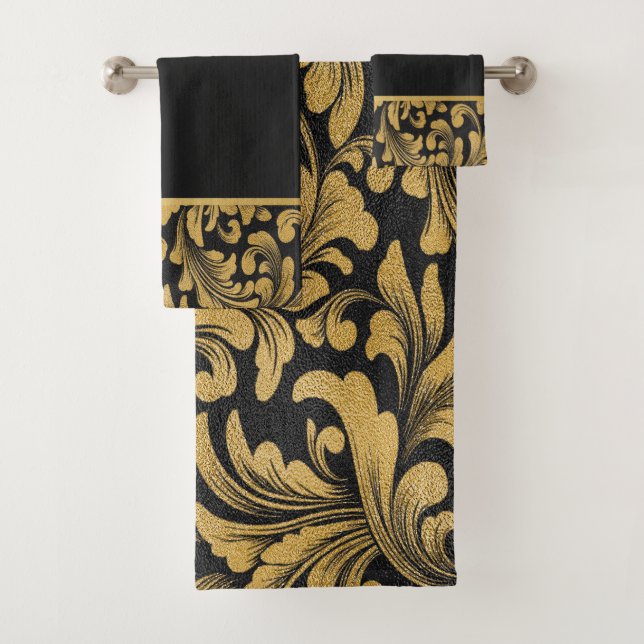 Elegant Chic Old Gold Swirls Black Bath Towel Set (Insitu)