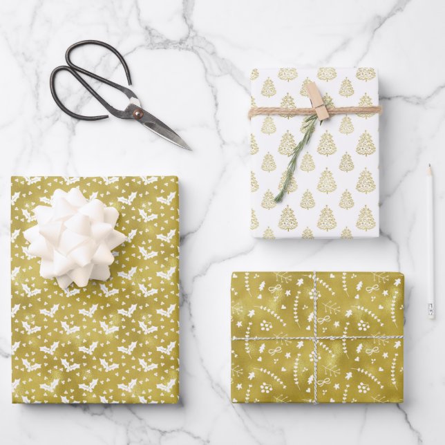 Elegant Chic Olive Green Christmas Mixed Pattern Wrapping Paper Sheet (Front)