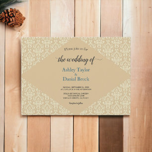 Elegant Chic Ornate Damask Beige Formal Wedding Invitation