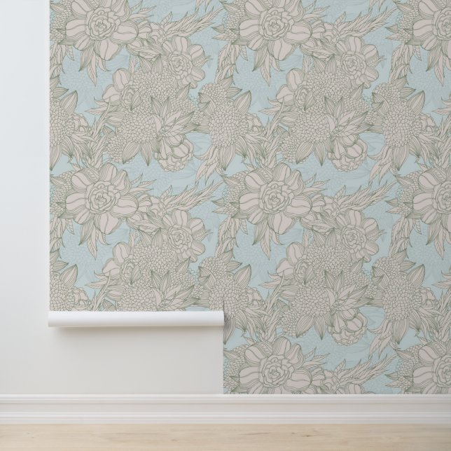 Elegant Chic Pale Blue Sage Roses & Dahlia Pattern Wallpaper (Application)
