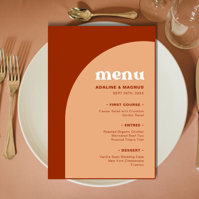Elegant Chic Peach Terracotta Arch Boho Wedding Menu (Creator Uploaded)