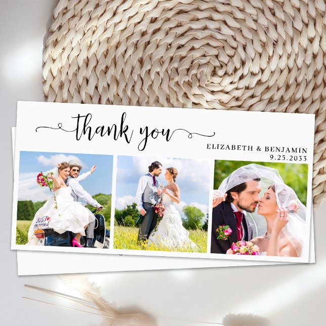 Elegant Chic Personalized 3 Photo Wedding Thank You Card (Creator Uploaded)