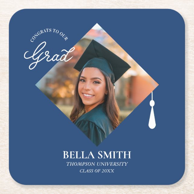 Elegant Chic Photo Script Graduation Party Custom  Square Paper Coaster (Front)