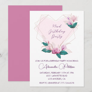 Elegant Chic Pink Floral 92nd birthday Invitation 