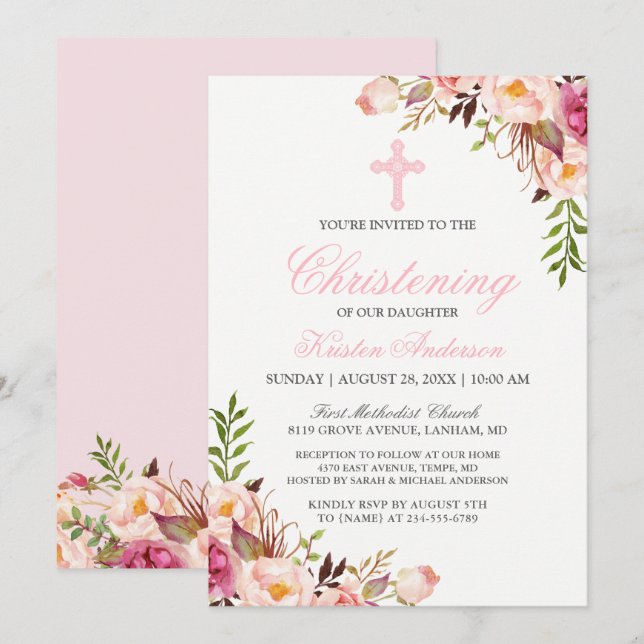 Elegant Chic Pink Floral Christening Baptism Invitation (Front/Back)