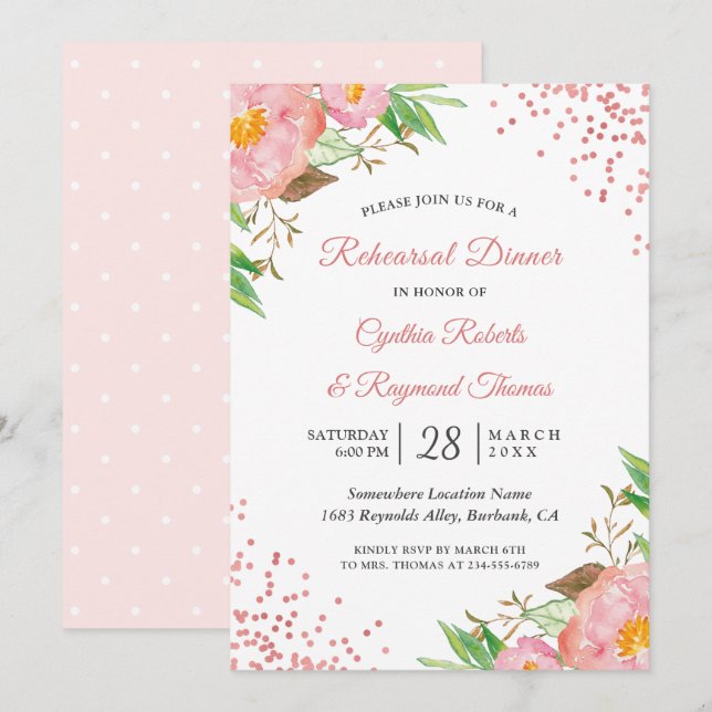 Elegant Chic Pink Floral Confetti Rehearsal Dinner Invitation (Front/Back)
