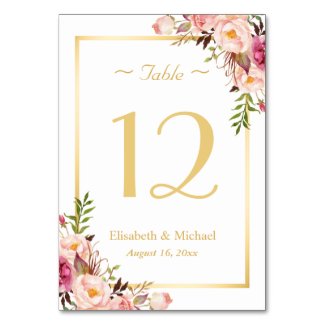 Elegant Chic Pink Floral Gold Wedding Table Number