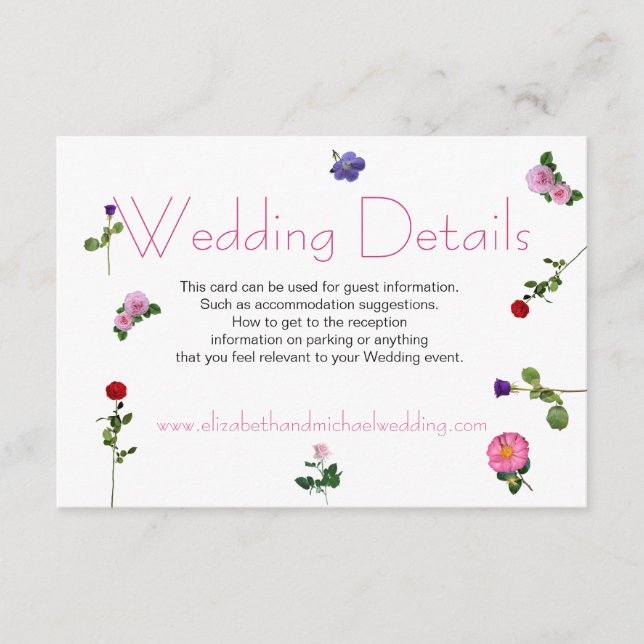 Elegant Chic Pink Floral Wedding Details Enclosure Card (Front)