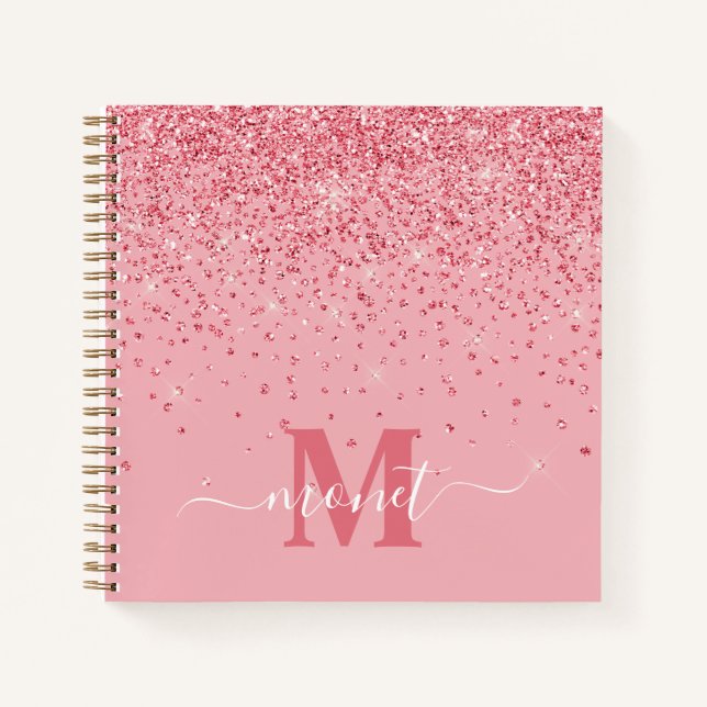 Elegant Chic Pink Glitter Glam Monogram Name Notebook (Front)