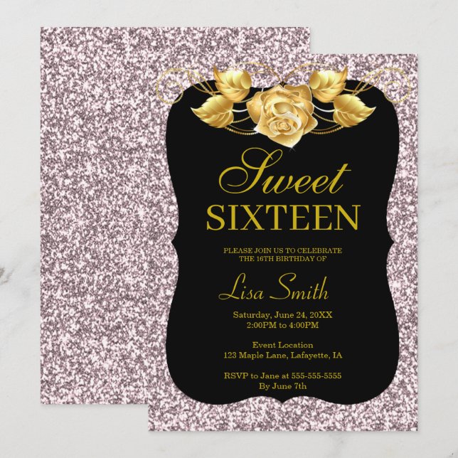 Elegant Chic Pink Glitter Gold Rose Sweet 16 Invitation (Front/Back)