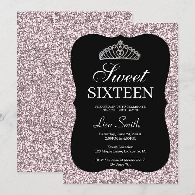 Elegant Chic Pink Glitter Tiara Sweet 16 Invitation (Front/Back)