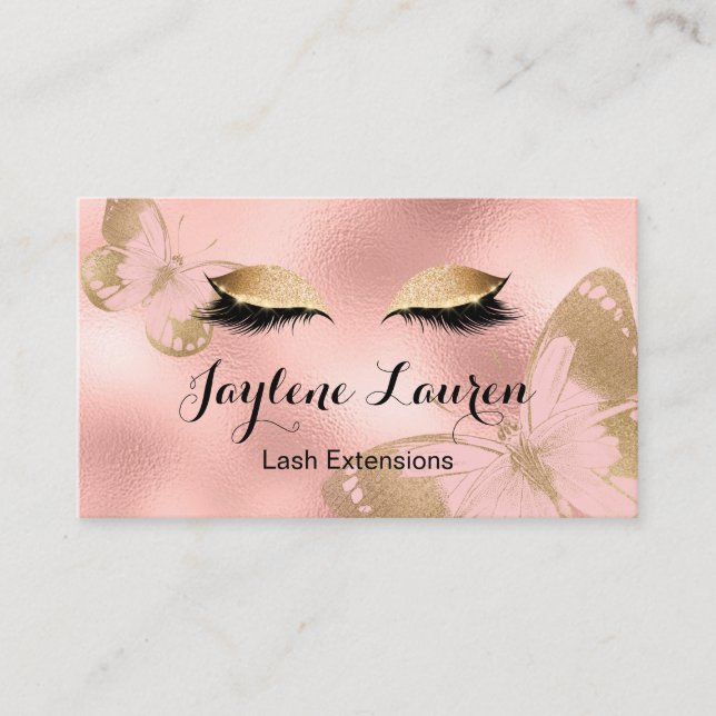 Elegant Chic Pink Gold Butterfly Lashes Business Card (Front)