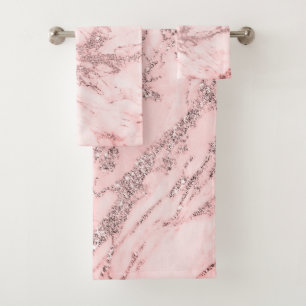 Elegant chic pink gray silver marble bath towel set