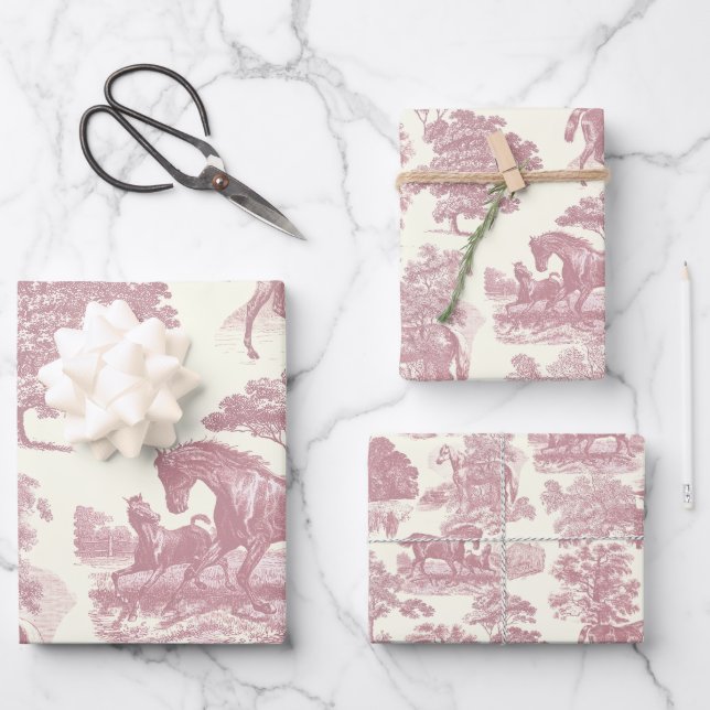 Elegant Chic Pink Horse Toile Wrapping Paper Sheet (Front)