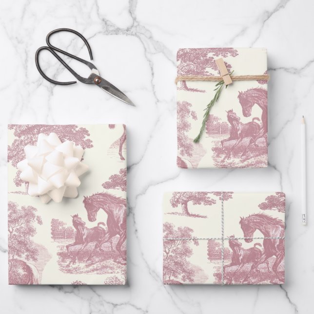 Elegant Chic Pink Horse Toile Wrapping Paper Sheet (Front)