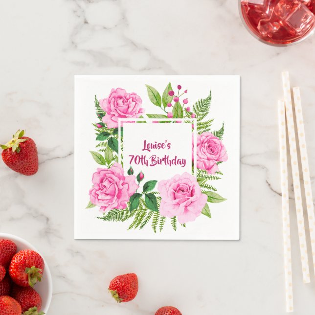 Elegant Chic Pink Roses 70th Birthday Napkin (Insitu)