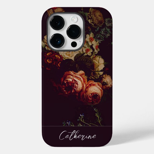 Elegant Chic Pink Roses Floral on Black Name Case-Mate iPhone Case (Back)