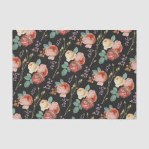 Elegant Chic Pink Roses Floral on Black Tissue Paper