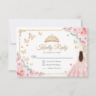Elegant Chic Pink Roses Gold Quinceanera Reply RSVP Card